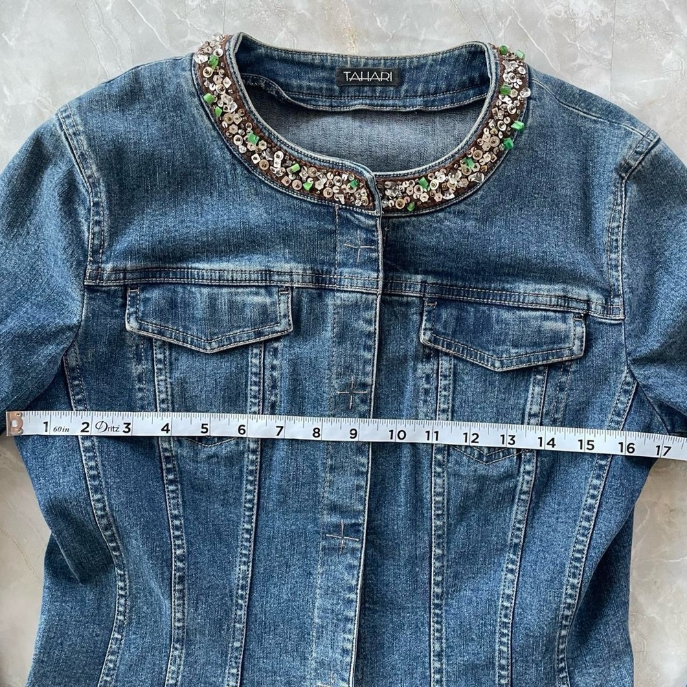 Tahari Embellished Bead Sequin Neckline Denim Jacket - Picture 4 of 8